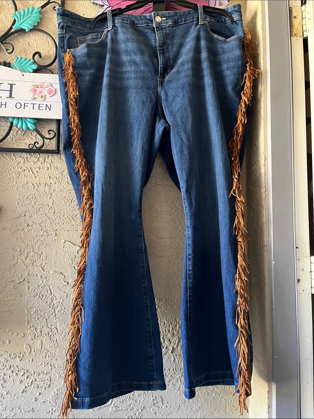 Boho Fringe Style Blue Denim Flare Jeans with 3” wide Brown Fringes. Rodeos